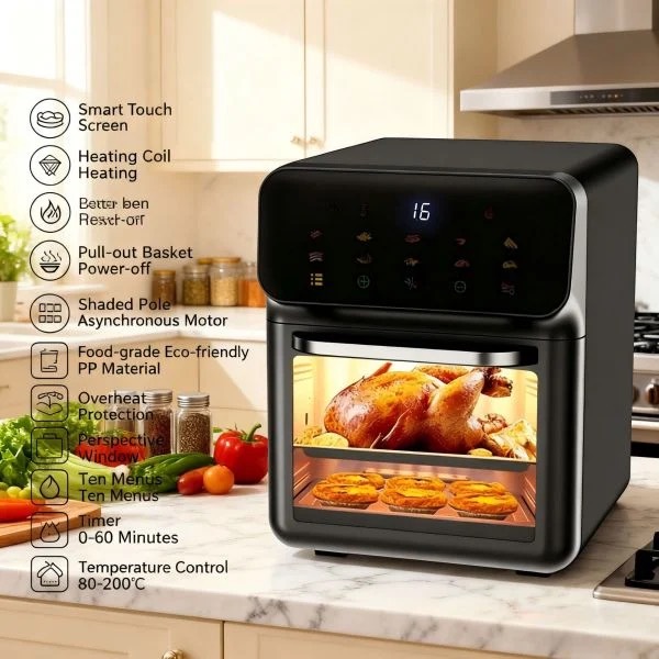 Black 6L Large Capacity Air Fryer, Digital Touch Screen Visible Cooker, Oil-Free Healthy Fryer with UK Plug, 1800W, for Family Kitchen — image 6 of 8