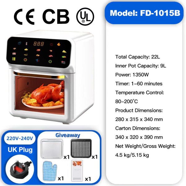 Black 6L Large Capacity Air Fryer, Digital Touch Screen Visible Cooker, Oil-Free Healthy Fryer with UK Plug, 1800W, for Family Kitchen — image 8 of 8