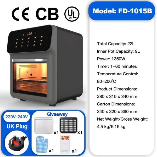 Black 6L Large Capacity Air Fryer, Digital Touch Screen Visible Cooker, Oil-Free Healthy Fryer with UK Plug, 1800W, for Family Kitchen — image 7 of 8